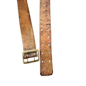 Leather Belt Solid Brass Anchor Buckle Double Prong Distressed Workwear